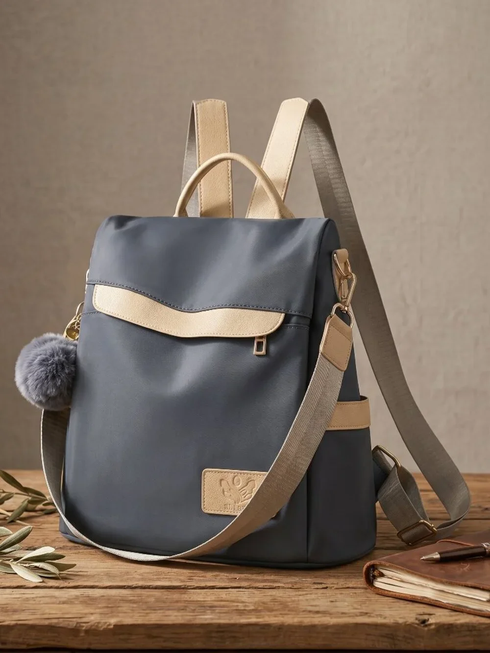 Convertible Nylon Backpack Purse Anti Theft Charcoal Gray Beige Pom Pom Travel